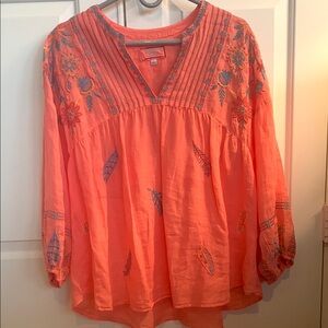 Johnny Was Orange 3/4 Sleeve Embellished Blouse